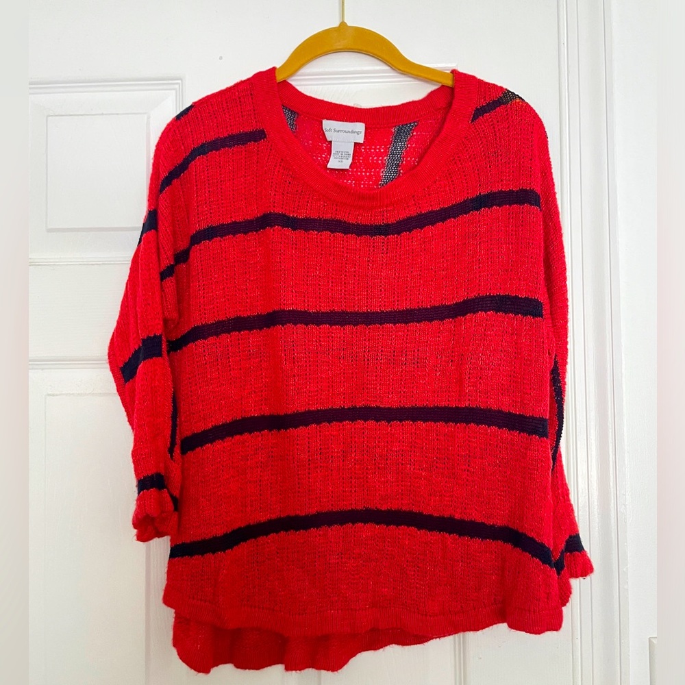 Soft Surroundings Size XS 3/4 length crew neck knit sweater, orange & navy blue.